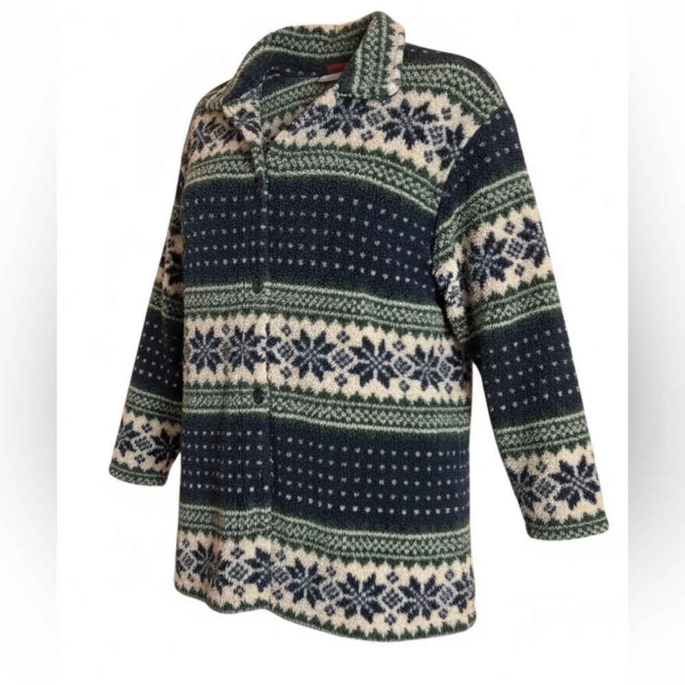 Vtg Palmettos Fair Isle Navy Green‎ Button Up Unisex Fleece USA Made Shacket M